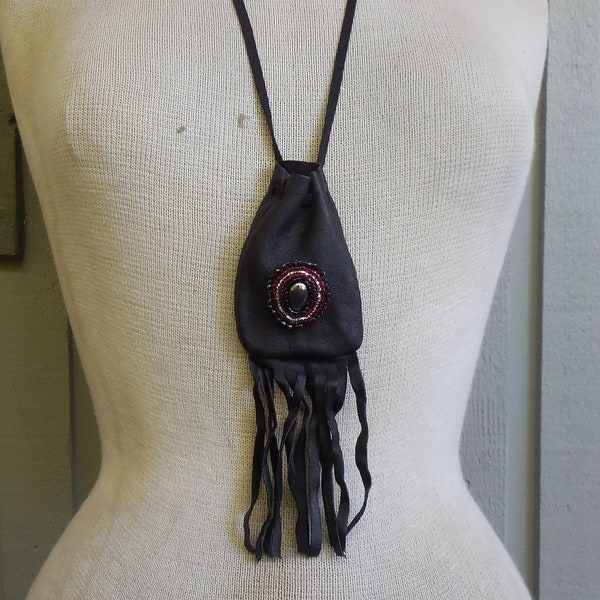 Beaded Hematite Fringed Black Buckskin Leather Necklace Pouch in Black Red Silver 9 x 6.5 cm. 3 1/2" x 2 1/2" Gift Medicine Bag Crystal Case