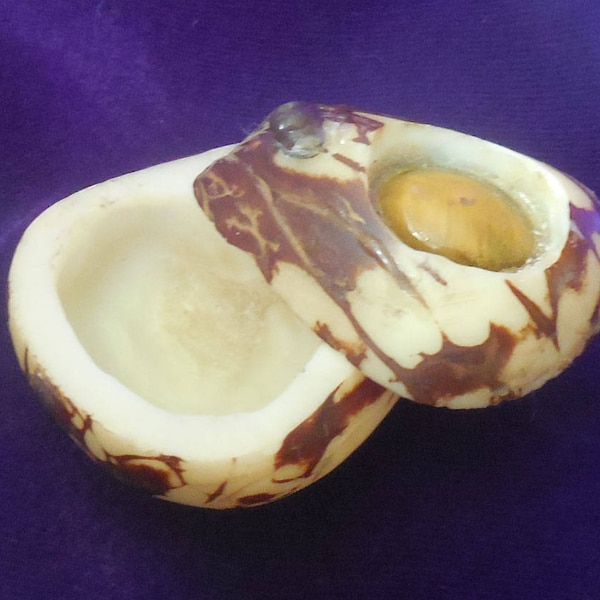 Tiger Eye Carved Tagua Nut Box Medium Size Cruelty Free Vegetable Ivory Semiprecious Stone Gemstone Inlay OOAK Wedding Ring Box Pill Box