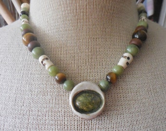 Unakite Carved Cruelty Free Elk Antler Amulet Necklace with Pentacle & Tiger Eye Jade Gemstone Beads Adjustable Length Small Size Pagan