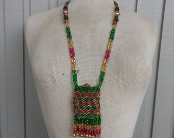 Beaded Rasta Necklace Pouch with Tassels in Green, Gold, Red 6.5 x 5.5 cm. (2 1/2" x 2 1/4") Medicine Bag Elegant Evening Purse Crystal Case