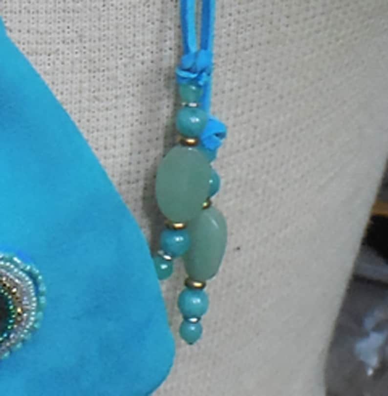 Beaded Abalone Shell Turquoise Blue Suede Leather Necklace Pouch with Aventurine Adjustable Length Large Size 12.3 x 9.7 cm 4 78 x 3 34