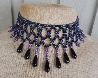 Netted Weave Beaded Choker Necklace w/ Drop Beads in Midnight Blue, Grape Purple, Black Adjustable Length Elegant Evening Wear Gifts for Her