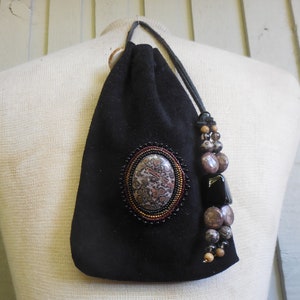 Leopard Skin Jasper Black Suede Leather Beaded Drawstring Pouch with Onyx Smoky Quartz Gemstone Beads 20 x 13 cm (8&quot; x 5 1/4&quot;)  Medicine Bag
