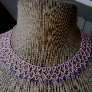 Netted Weave Beaded Adjustable Choker Necklace in Rose Pink, Lavender, Native Inspired Seed Beadwork, Bead Weaving, Elegant Evening Wear