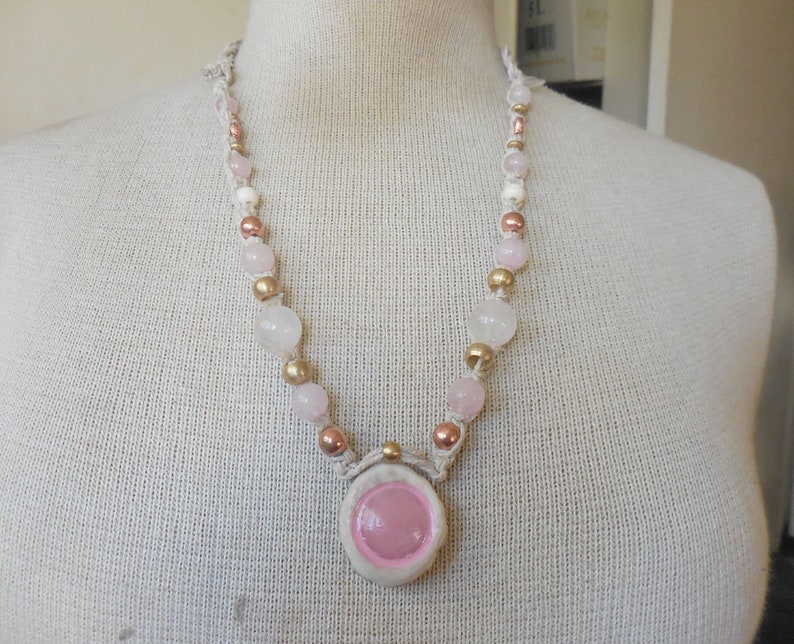 Rose Quartz Carved Cruelty Free Elk Antler Hemp Necklace with Rose Quartz Semiprecious Stone Gemstone Beads Copper Brass Beads Hippie Boho