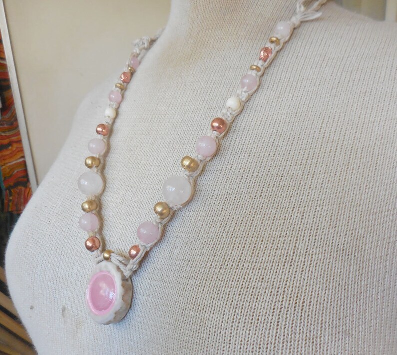 Rose Quartz Carved Cruelty Free Elk Antler Hemp Necklace with Rose Quartz Semiprecious Stone Gemstone Beads Copper Brass Beads Hippie Boho