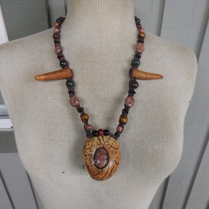 Tagua Secret Pipe Rasta Hemp Necklace with Leopard Skin Jasper Inlay & Moss Agate Tiger's Eye Gemstone Beads Antler Tips Adjustable Length