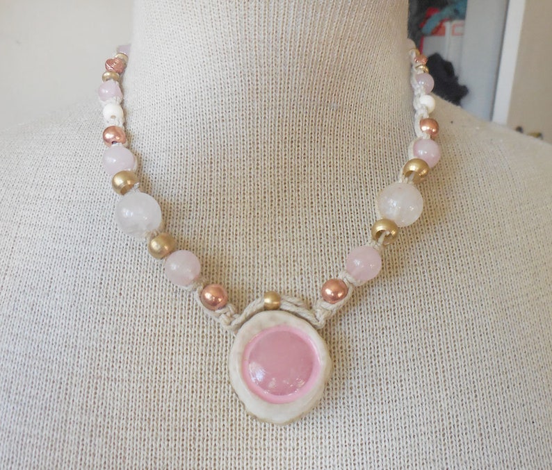Rose Quartz Carved Cruelty Free Elk Antler Hemp Necklace with Rose Quartz Semiprecious Stone Gemstone Beads Copper Brass Beads Hippie Boho
