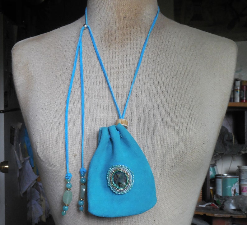 Beaded Abalone Shell Turquoise Blue Suede Leather Necklace Pouch with Aventurine Adjustable Length Large Size 12.3 x 9.7 cm 4 78 x 3 34