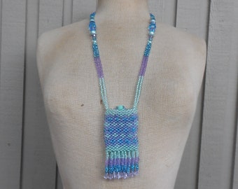 Beaded Necklace Pouch with Tassels in  Sea Green, Lavender, Aqua Blue 10 x 5 cm. 4" x 2" Pagan Medicine Gift Bag, Wiccan Amulet Crystal Case