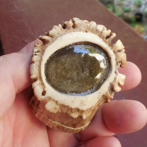 Pode incluir: Um pingente artesanal em forma de olho com uma pedra oval polida embutida em uma seção de chifre. A pedra tem um tom escuro e terroso, e o chifre tem uma aparência natural e texturizada com uma borda creme.