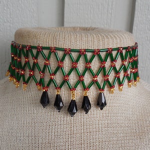 Netted Weave Beaded Rasta Adjustable Choker Necklace with Green Bugle Beads, Red, Gold Seed Beads, Black Drop Beads Native Inspired Beadwork