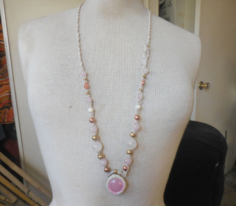 Rose Quartz Carved Cruelty Free Elk Antler Hemp Necklace with Rose Quartz Semiprecious Stone Gemstone Beads Copper Brass Beads Hippie Boho