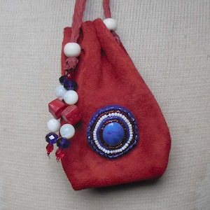 Blue Howlite Red Suede Leather Beaded Drawstring Medicine Bag Runes Pouch with Mother of Pearl Stone Beads 12.5 x 8.3 cm. (4 7/8&quot; x 3 3/8&quot;)