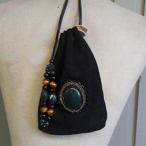 Green Jade Black Suede Leather Rasta Beaded Drawstring Pouch with Moss Agate Tiger&#39;s Eye Onyx Gemstone Beads 19 x 13.5 cm. 7 1/2&quot; x 5 1/2&quot;