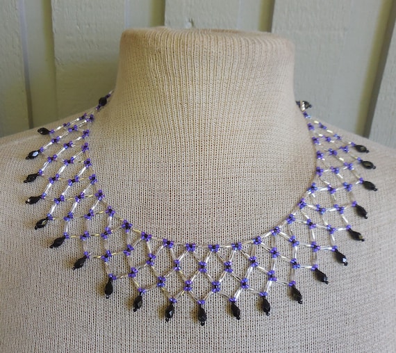 Netted Weave Beaded Choker Necklace W/ Silver Bugle Beads