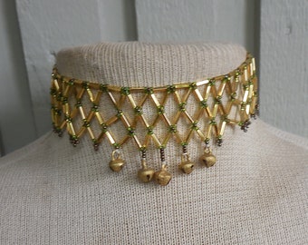 Netted Weave Beaded Choker Necklace with Gold Bugle Beads, Peridot Green, Bronze Seed Beads, Brass Indian Dancing Bells Adjustable Length