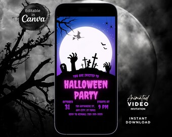 Spooky Animated Halloween Party Invitation, Purple and Blue Video Evite, Parti Invites, Celebrate Festival, Custom Animated, Fallinvite