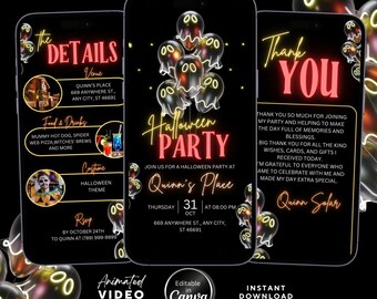 Editable Halloween Party Animated Video Invitation, Spooky Halloween Event Invite, Glowing Neon Ghost Balloons Theme, Canva Template