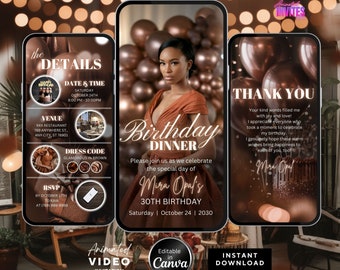 Editable Birthday Dinner Video Invitation, Animated Birthday Dinner Invite ,Dinner Party Invite, Brown Birthday Invite, Canva Template