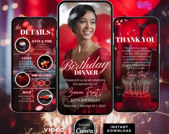 Editable Birthday Dinner Video Invitation, Animated Birthday Dinner Invite ,Dinner Party Invite, Red Birthday Invite, Canva Template