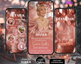 Editable Birthday Dinner Video Invitation, Animated Birthday Dinner Invite ,Dinner Party Invite, Rose Gold Birthday Invite, Canva Template