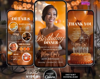 Editable Birthday Dinner Video Invitation, Animated Birthday Dinner Invite ,Dinner Party Invite, Orange Birthday Invite, Canva Template