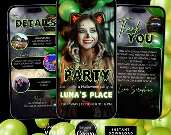 Halloween Costume Party Animated Invitation, Editable Canva Template for Spooky Celebrations, halloweener costume, Green and black Theme