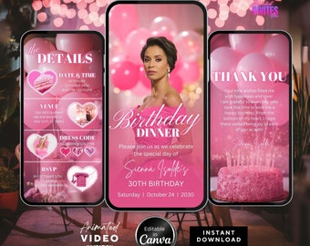 Editable Birthday Dinner Video Invitation, Animated Birthday Dinner Invite ,Dinner Party Invite, Very Pink Birthday Invite, Canva Template