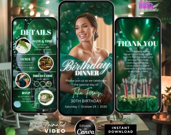 Editable Birthday Dinner Video Invitation, Animated Birthday Dinner Invite ,Dinner Party Invite, Dark Green Birthday Invite, Canva Template