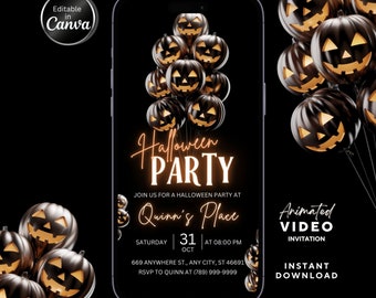 Editable Halloween Party Animated Invitation, Spooky Halloween Event Invite, Black & Orange Pumpkin Balloon Design, Canva Template