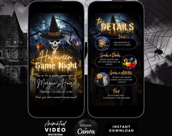 Animated Halloween Game Night Invitation, Skull halloweener, Skeletonful, Skeletone halloween, Funny-skeletone, Custom Animated