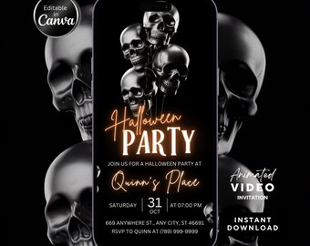 Editable Animated Halloween Party Invitation, Spooky Skull Design, Skull halloweener, Skeletonful, Skeletone halloween, Canva Template