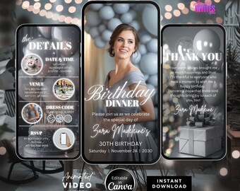Editable Birthday Dinner Video Invitation, Animated Birthday Dinner Invite ,Dinner Party Invite, Grey Glamour Theme, Canva Template