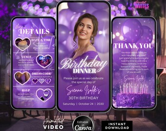 Editable Birthday Dinner Video Invitation, Animated Birthday Dinner Invite ,Dinner party invite, Purple Birthday Invite, Canva Template