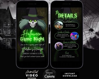 Animated Halloween Game Night Invitation, Spooky Witch Theme, Skeletonful, Skeletone halloween, funny skeletone, Custom Animated