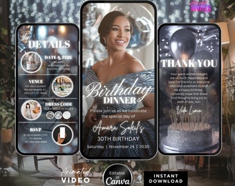 Editable Birthday Dinner Video Invitation, Animated Birthday Dinner Invite ,Dinner Party Invite, Silver Birthday Invite, Canva Template