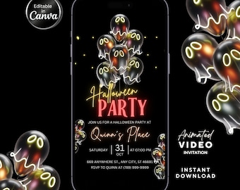 Editable Halloween Party Animated Video Invitation, Spooky Halloween Event Invite, Glowing Neon Ghost Balloons Theme, Canva Template