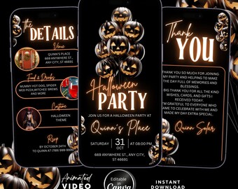 Editable Halloween Party Animated Invitation, Spooky Halloween Event Invite, Black & Orange Pumpkin Balloon Design, Canva Template