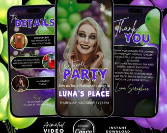 Halloween Costume Party Animated Invitation, Editable Canva Template for Spooky Celebrations, Halloweener Costume, Green and Purple Theme