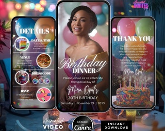 Editable Birthday Dinner Video Invitation, Animated Birthday Dinner Invite ,Dinner Party Invite, Colorful Birthday Invite, Canva Template