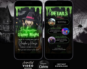 Animated Halloween Game Night Invitation, Editable Canva Template with Witch and Potion Theme, Spooky Witch Theme, Custom Animated