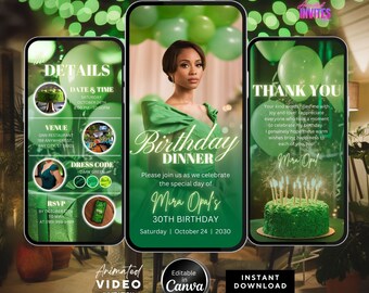 Editable Birthday Dinner Video Invitation, Animated Birthday Dinner Invite ,Dinner Party Invite, Green Birthday Invite, Canva Template