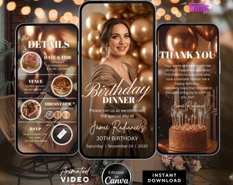 Editable Birthday Dinner Video Invitation, Animated Birthday Dinner Invite ,Dinner Party Invite, Bronze Birthday Invite, Canva Template