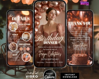Editable Birthday Dinner Video Invitation, Animated Birthday Dinner Invite ,Dinner Party Invite, Copper Glamour Theme, Canva Template