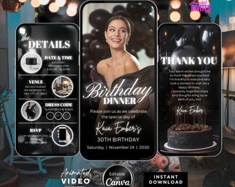 Editable Birthday Dinner Video Invitation, Animated Birthday Dinner Invite ,Dinner Party Invite, Black Birthday Invite, Canva Template