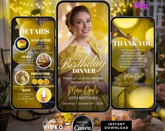 Editable Birthday Dinner Video Invitation, Animated Birthday Dinner Invite ,Dinner Party Invite, Yellow Birthday Invite, Canva Template
