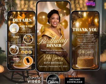 Editable Birthday Dinner Video Invitation, Animated Birthday Dinner Invite ,Dinner Party Invite, Gold Birthday Invite, Canva Template