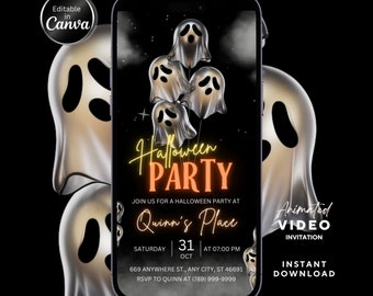 Editable Halloween Party Animated Video Invitation, Spooky Halloween Event Invite, Glowing Ghost Balloons Theme, Canva Template