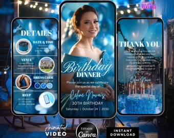 Editable Birthday Dinner Video Invitation, Animated Birthday Dinner Invite ,Dinner Party Invite, Blue Birthday Invite, Canva Template